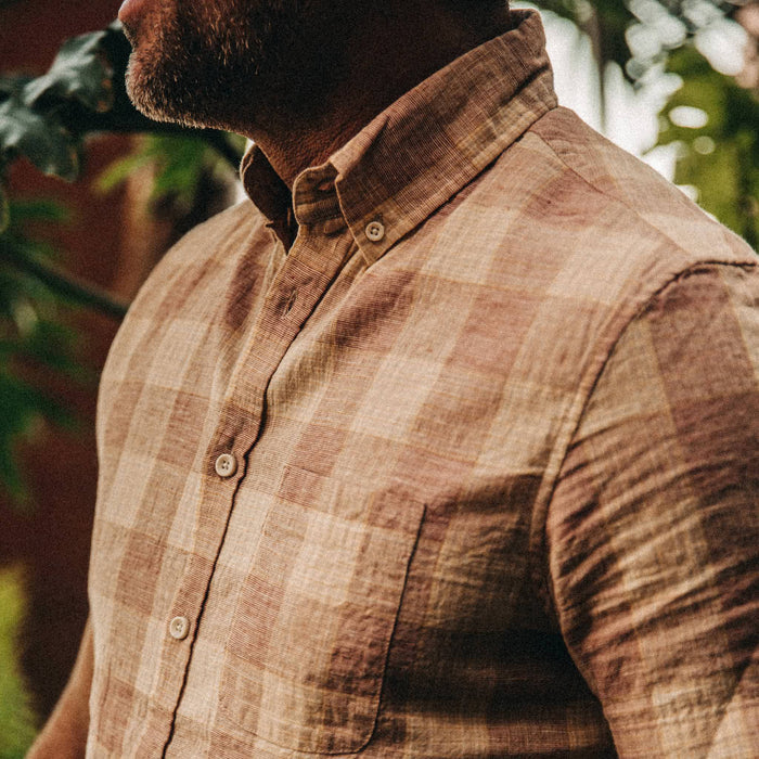fit model wearing The Short Sleeve Jack in Red Madras, cropped chest shot