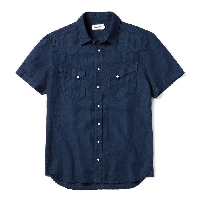 flatlay of The Short Sleeve Western in Indigo Linen