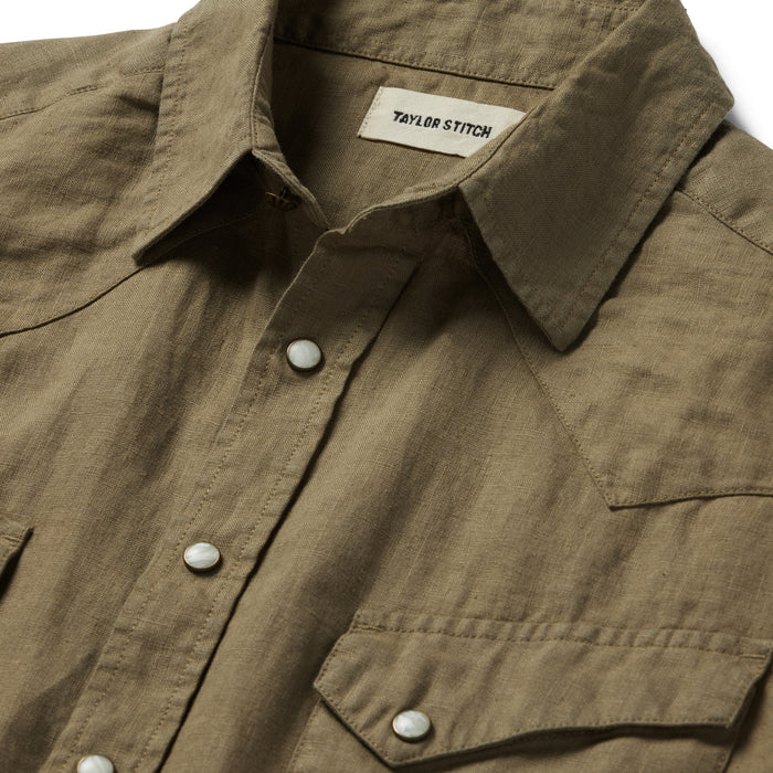 material shot of the collar and front yoke on The Short Sleeve Western in Olive Linen