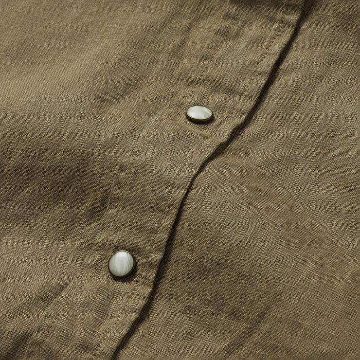 material shot of the buttons on The Short Sleeve Western in Olive Linen