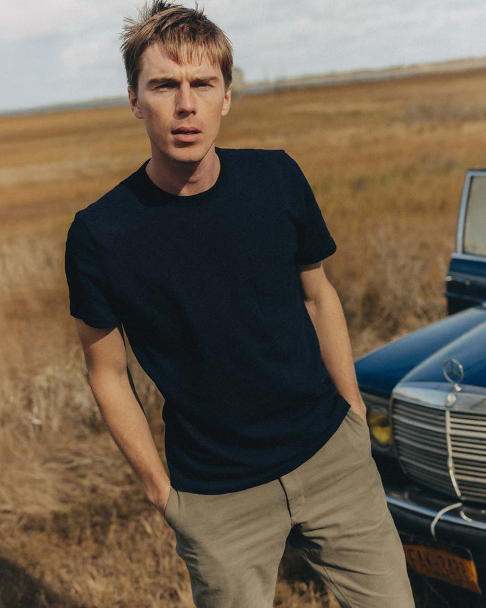 editorial image of The Organic Cotton Tee in Rinsed Indigo in a bin