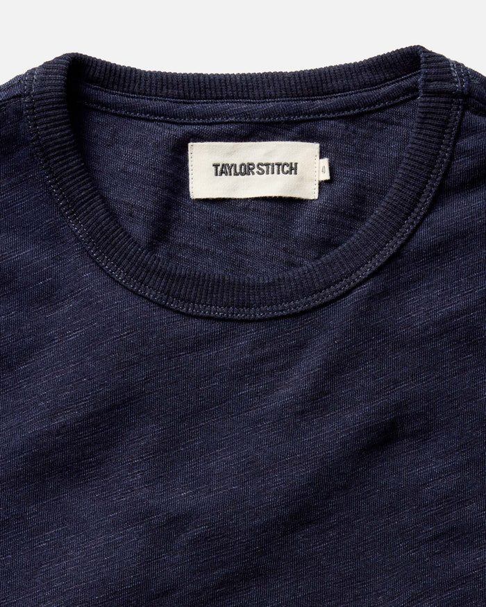 editorial image of the collar on The Organic Cotton Tee in Rinsed Indigo