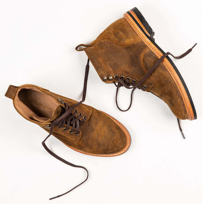 material shot of The Trench Boot in Golden Brown Waxed Suede top and side