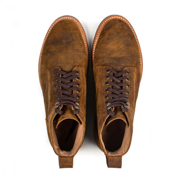 material shot of the top of The Trench Boot in Golden Brown Waxed Suede