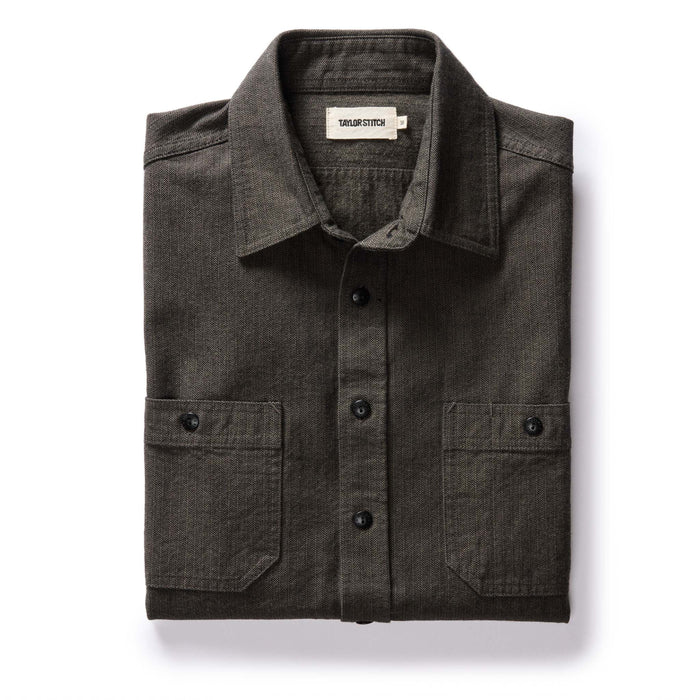 flatlay of The Utility Shirt in Olive Broken Herringbone
