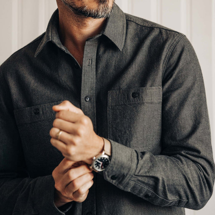 fit model in The Utility Shirt in Olive Broken Herringbone