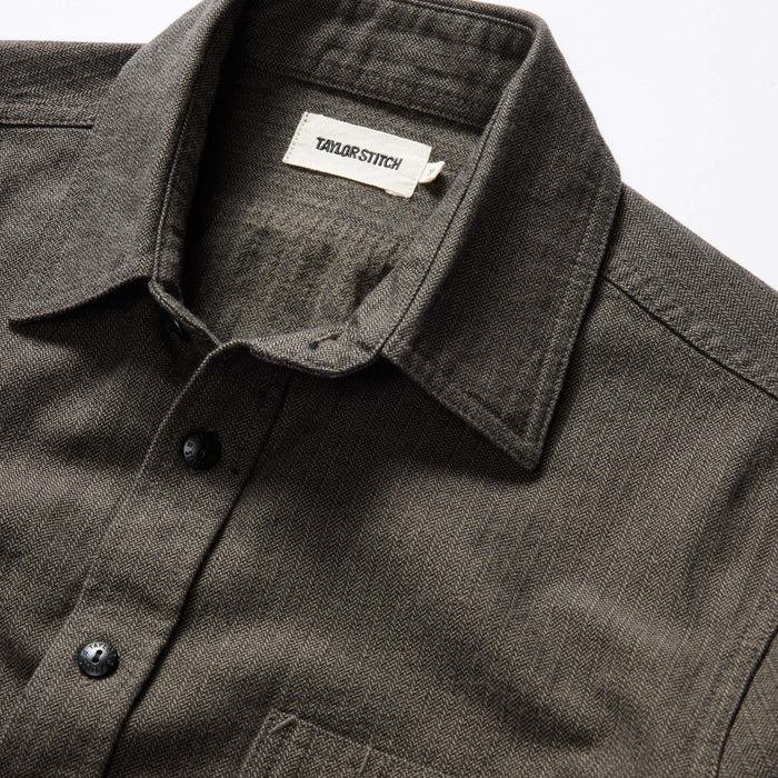 material shot of The Utility Shirt in Olive Broken Herringbone