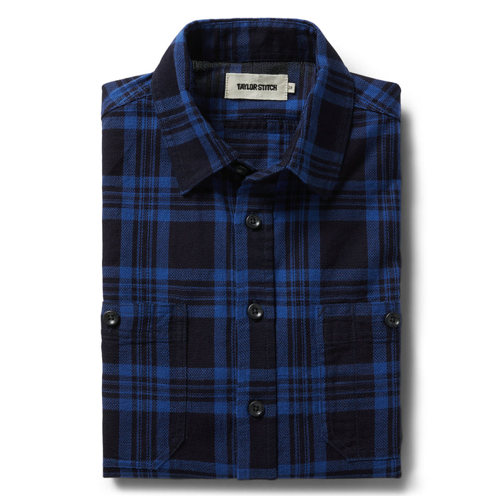 flatlay of The Utility Shirt Rinsed Indigo Plaid folded