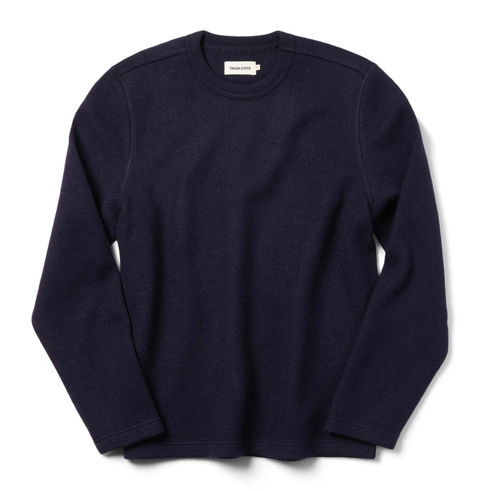 flatlay of The Weekend Crewneck in Navy Boiled Wool from the front