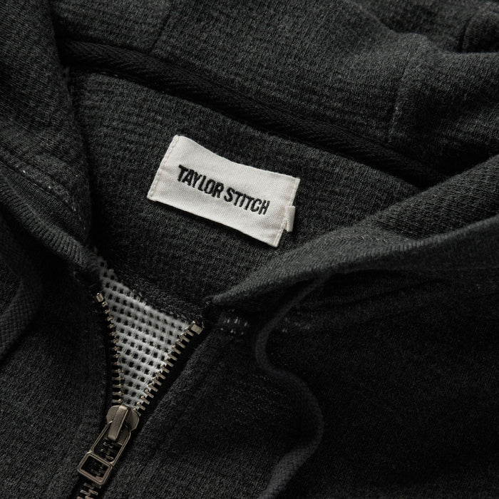 material shot of the zipper on The Weekend Hoodie in Coal Double Knit