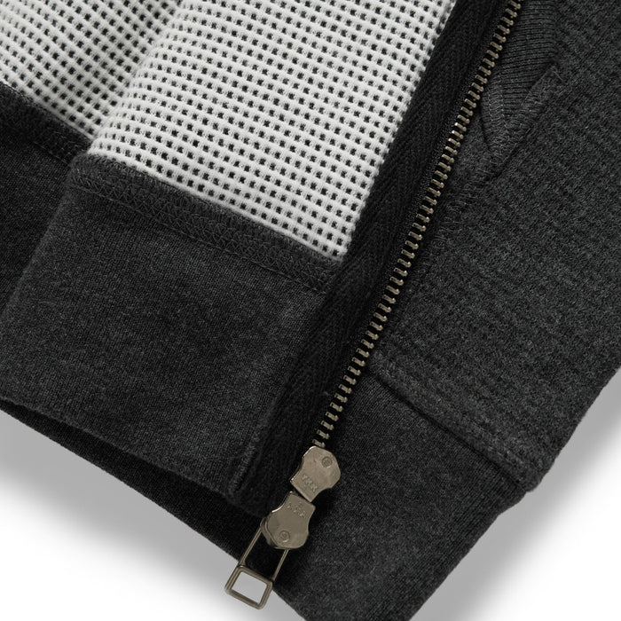 material shot of the waffle knit on The Weekend Hoodie in Coal Double Knit