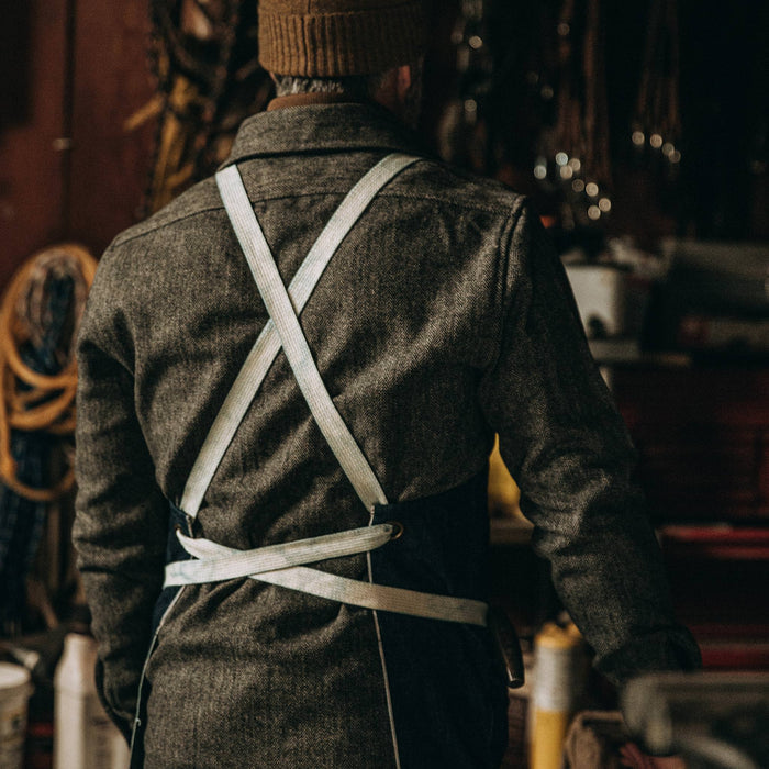 fit model wearing The Work Apron in Cone Mills Selvage, back shot