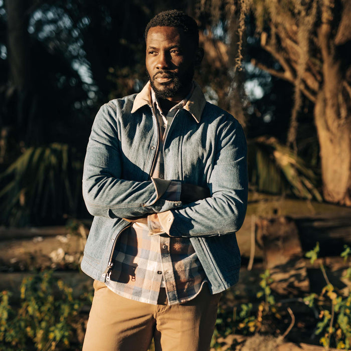 fit model wearing The Workhorse Jacket in Fletcher Wash Organic Selvage