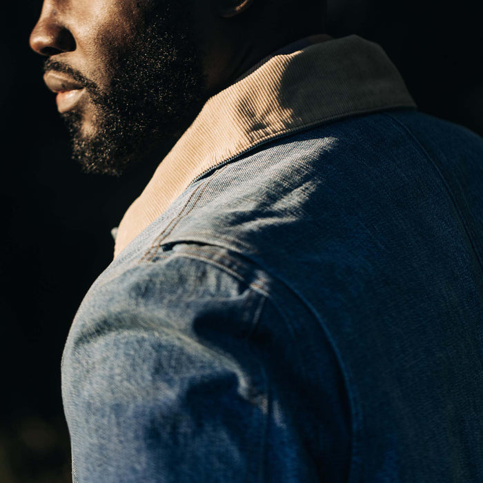 fit mode showing the collar of The Workhorse Jacket in Fletcher Wash Organic Selvage