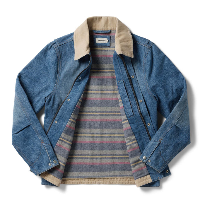 flatlay of The Workhorse Jacket in Fletcher Wash Organic Selvage, shown open