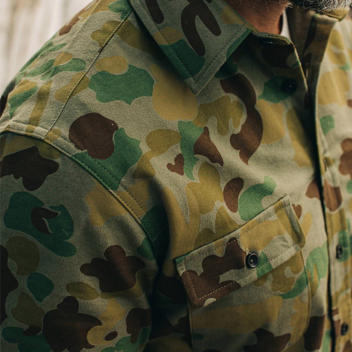 our fit model wearing The Yosemite Shirt in Arid Camo—cropped shot of chest