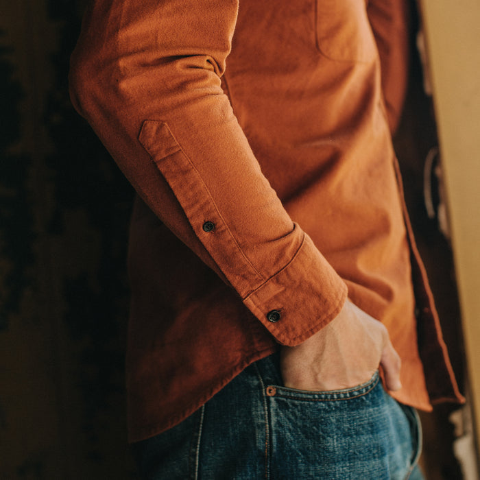Fit model showing cuffs on The Yosemite Shirt in Copper