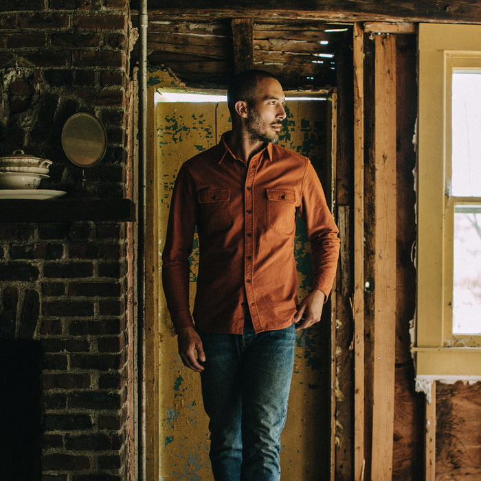 Fit model walking in The Yosemite Shirt in Copper
