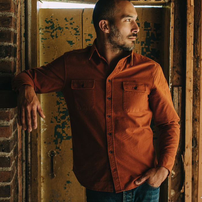 Fit model posing in The Yosemite Shirt in Copper