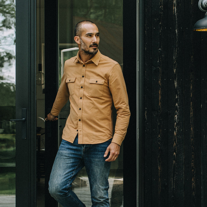 fit model walking in The Yosemite Shirt in Tan