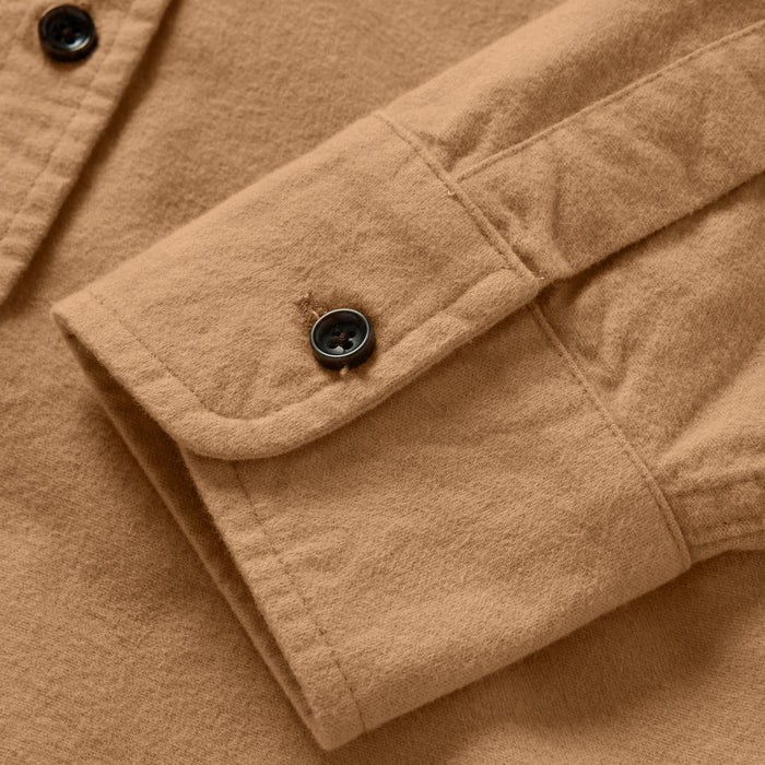 Material shot of sleeve hem on The Yosemite Shirt in Tan
