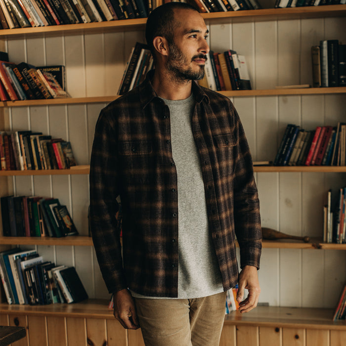 Fit model posing in The Yosemite Shirt in Timber Shadow Plaid