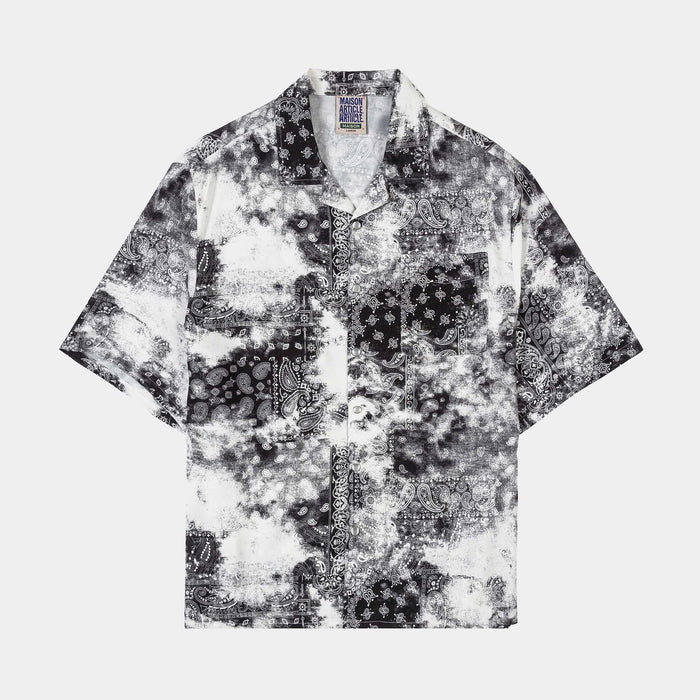 Tie Dye Paisley Button Up Mens Short Sleeve Shirt (Black/White)