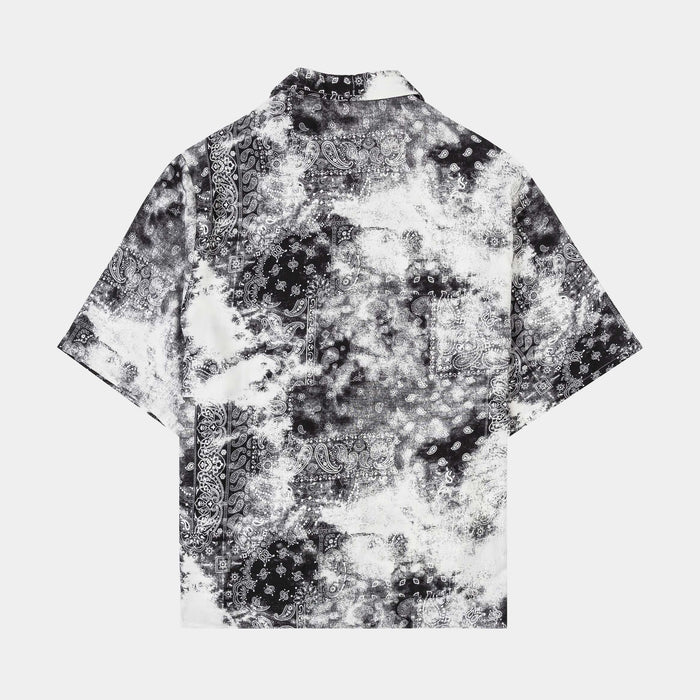 Tie Dye Paisley Button Up Mens Short Sleeve Shirt (Black/White)