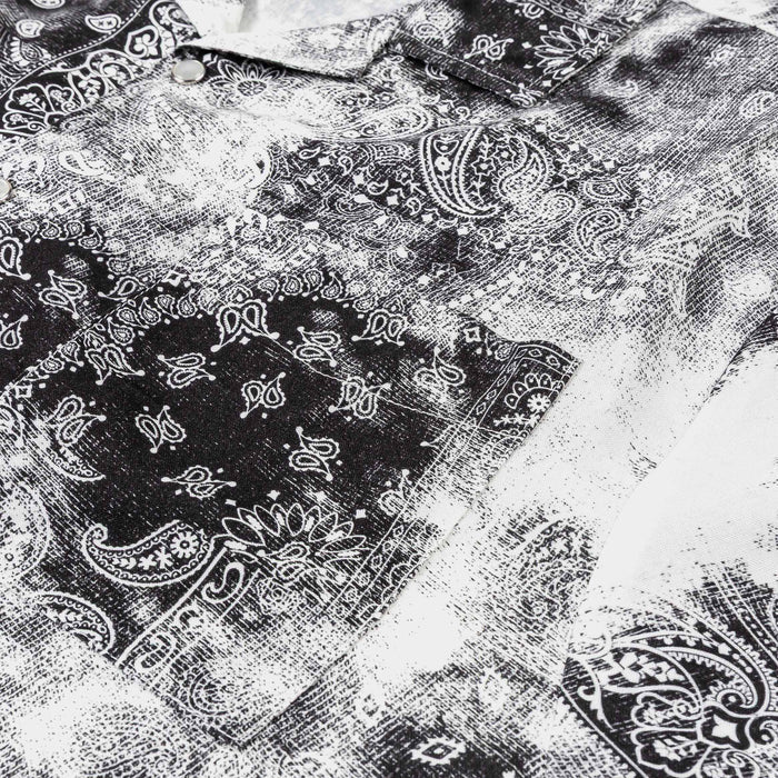Tie Dye Paisley Button Up Mens Short Sleeve Shirt (Black/White)