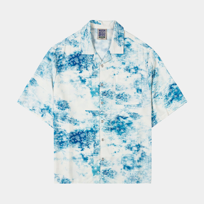 Tie Dye Paisley Button Up Mens Short Sleeve Shirt (Blue/White)