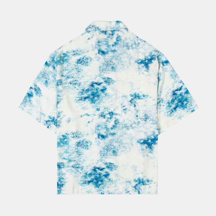 Tie Dye Paisley Button Up Mens Short Sleeve Shirt (Blue/White)
