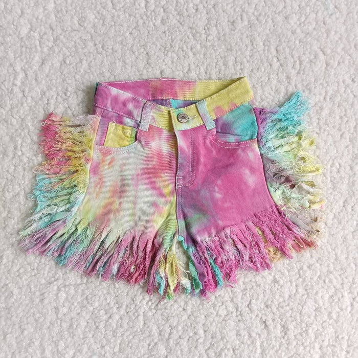 Tie-dye Tassel Denim Girls Summer Bottom Shorts         C13-20