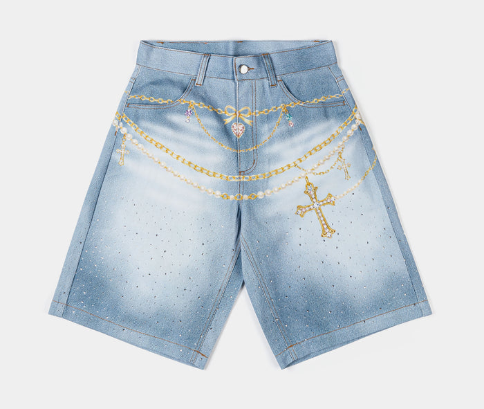 Waistchain Denim Womens Shorts (Blue/Gold)