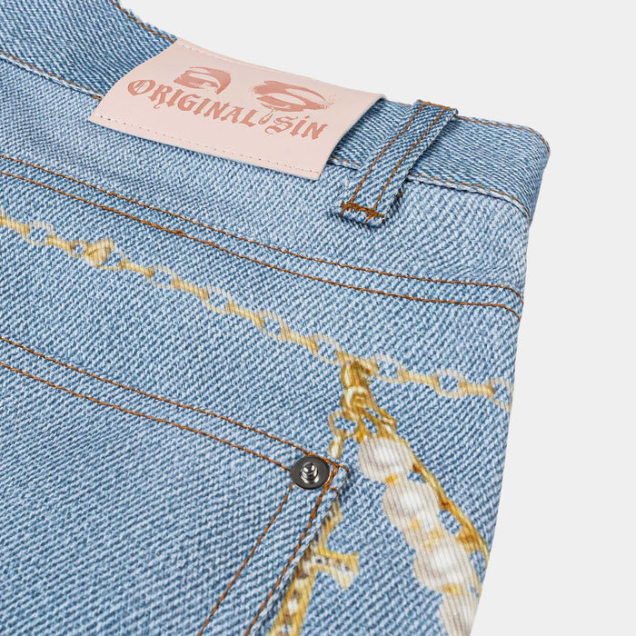 Waistchain Denim Womens Shorts (Blue/Gold)