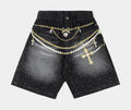 Waistchain Washed Denim Womens Shorts (Grey/Gold)