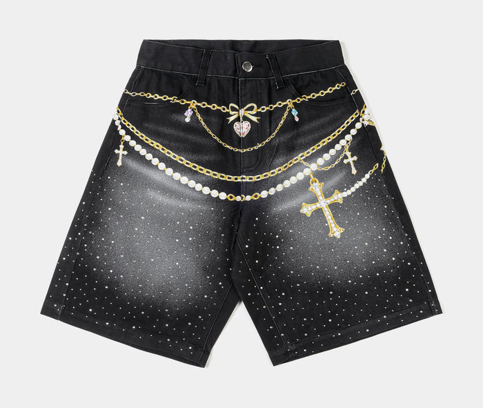 Waistchain Washed Denim Womens Shorts (Grey/Gold)