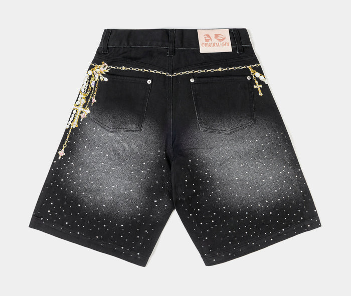 Waistchain Washed Denim Womens Shorts (Grey/Gold)