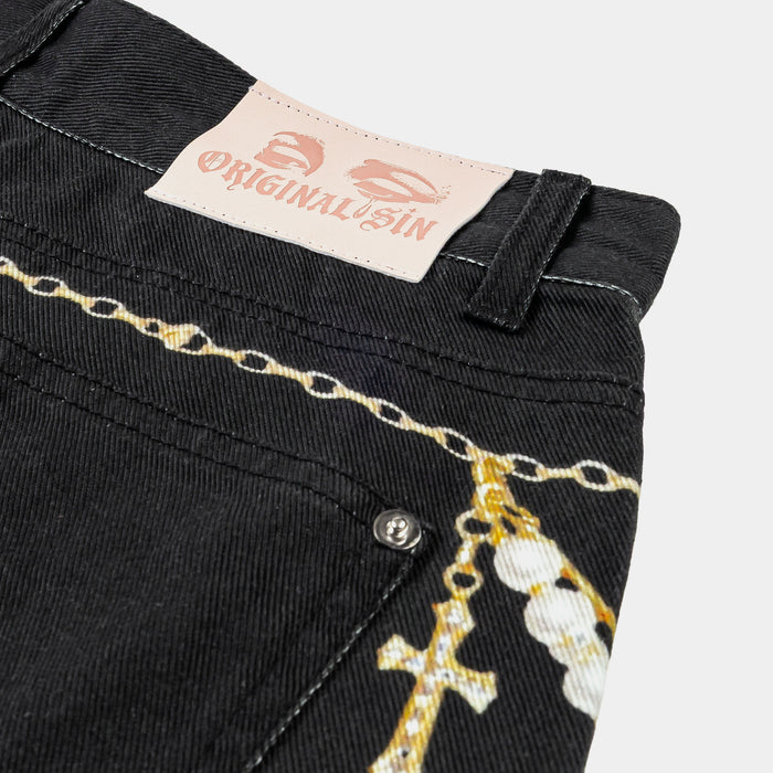 Waistchain Washed Denim Womens Shorts (Grey/Gold)